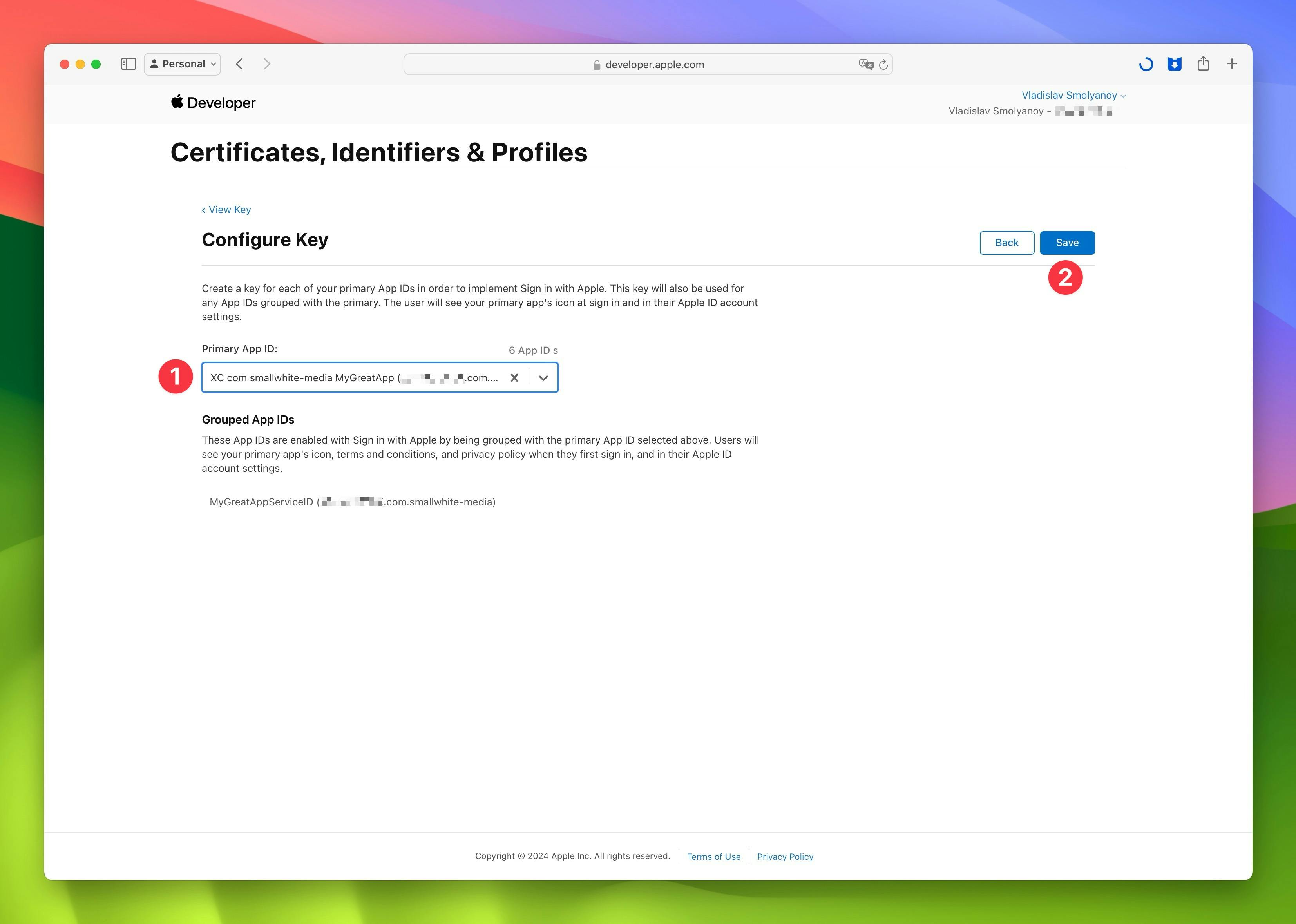 Apple Developer Key Primary App ID Selection